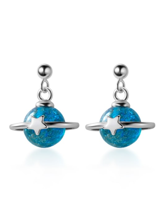 silver 925 Sterling Silver With Platinum Plated Simplistic  Blue Planet Stud Earrings
