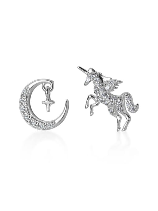 sliver 925 Sterling Silver  Cubic Zirconia  Cute StFashion asymmetrical unicorn  moon Earrings