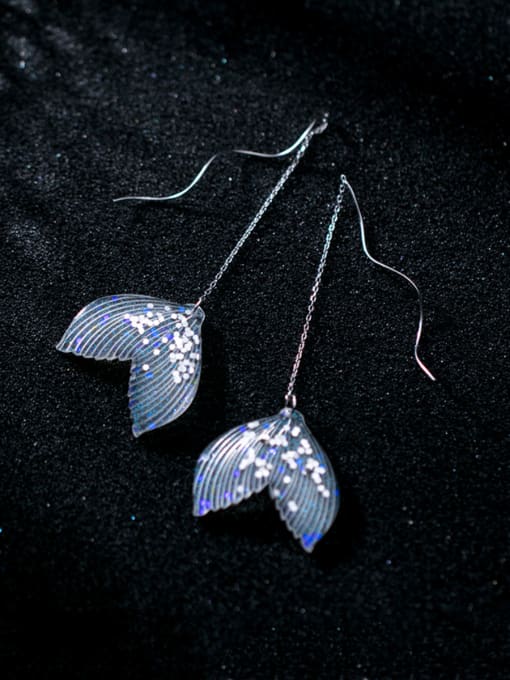 Rosh 925 Sterling Silver With Platinum Plated Simplistic Transparent Fishtail Waves Threader Earrings