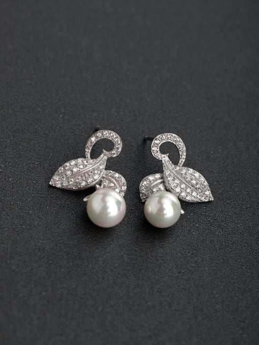 Lin Liang Inlaid Full drill Leaf Imitation Pearl  925 silver Stud earrings 0