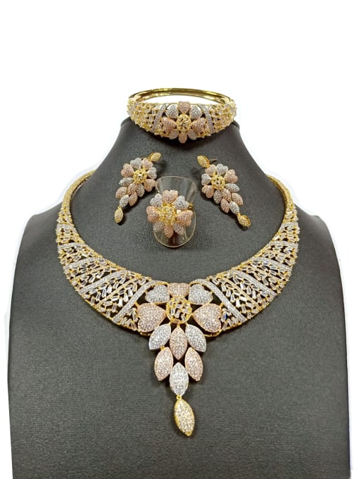 Tabora GODKI Luxury Women Wedding Dubai Copper With Gold Plated Fashion Leaf 4 Piece Jewelry Set 0
