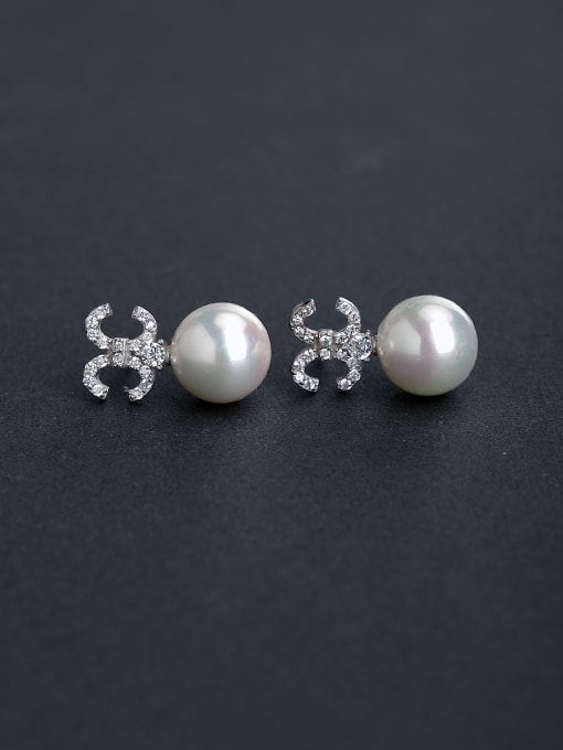 Lin Liang Bling bling Micro inlay Zircon Letter CC   925 silver Imitation pearls Stud earrings