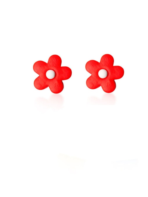 red 925 Sterling Silver With Platinum Plated Cute Flower Stud Earrings