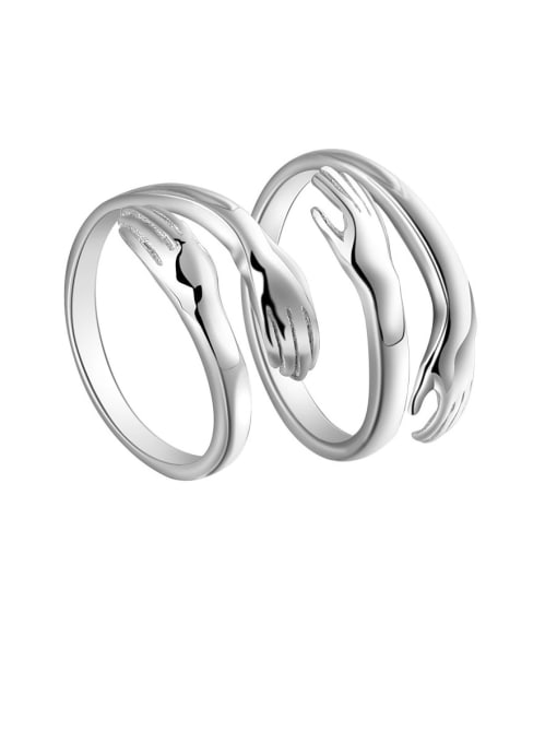 sliver 925 Sterling Silver With White Glossy  Simplistic Hands folded Lovers Free Size  Rings