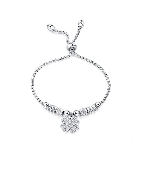 1023-platinum Stainless Steel With Cubic Zirconia Simplistic Flower Adjustable Bracelets