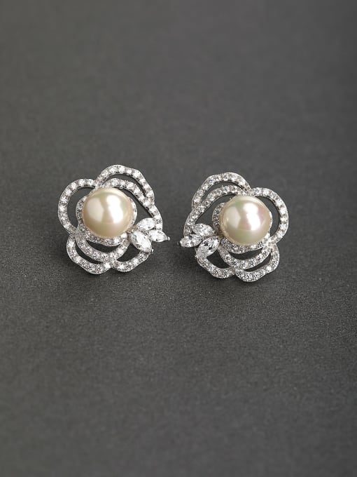 Lin Liang Bling bling Zircon Imitation pearls 925 silver Stud earrings 0