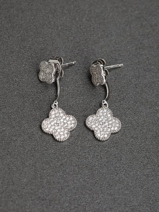 Lin Liang Inlaid  zircon Four leaf  Glittering 925 Silver Earrings