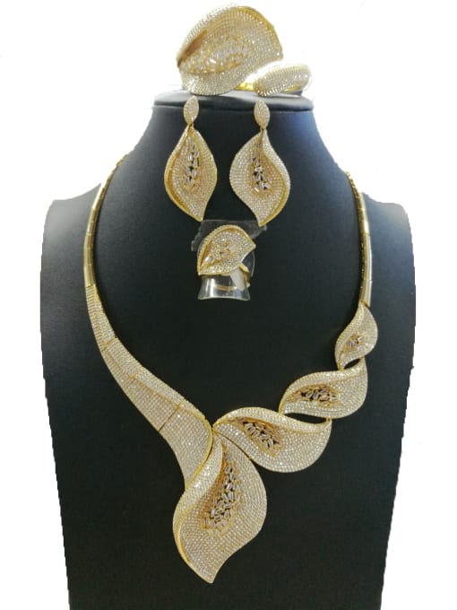 Tabora GODKI Luxury Women Wedding Dubai Copper With Gold Plated Fashion Leaf 4 Piece Jewelry Set 0