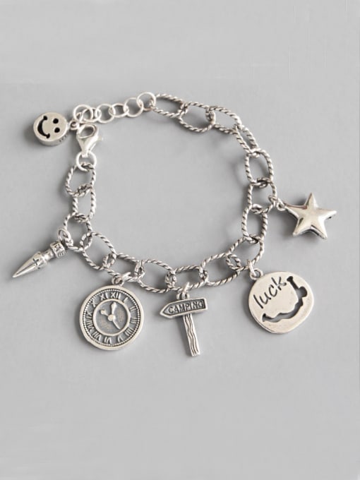 DAKA 925 Sterling Silver With Antique Silver Plated cross round smile and luck Charm Bracelets