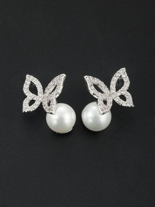 LB RAIDER White color Platinum Plated Butterfly Pearl Studs stud Earring 0