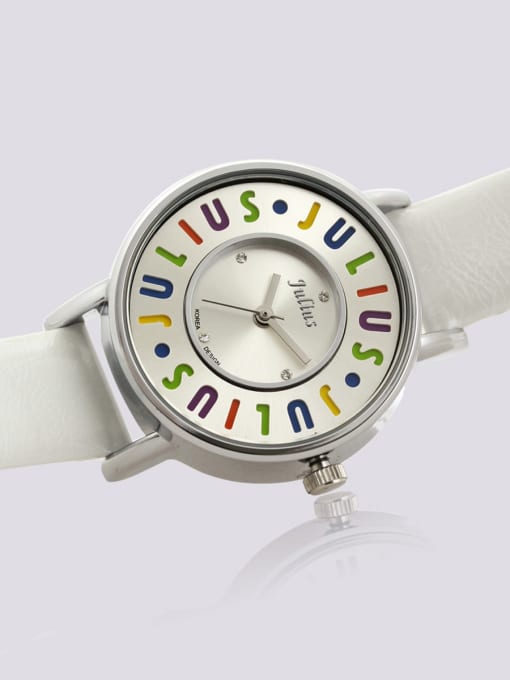 JULIUS Fashion White Alloy Japanese Quartz Round Genuine Leather Women's Watch 24-27.5mm 1