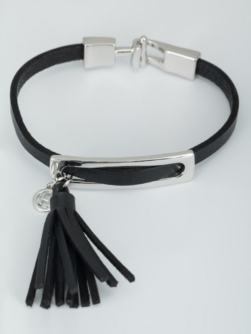 Lauren Mei Personalized Platinum Plated  Bracelet Black Leather tassels 0