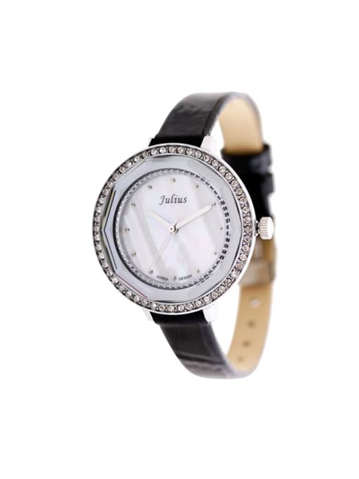 JULIUS Fashion Black Alloy Japanese Quartz Round Genuine Leather Women's Watch 24-27.5mm 0