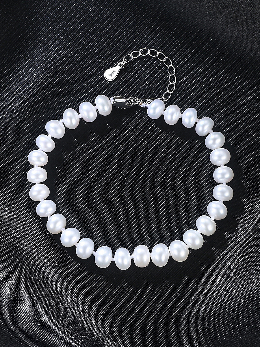 Sterling Silver 6-7mm flat natural freshwater pearl bracelet - 1000030879