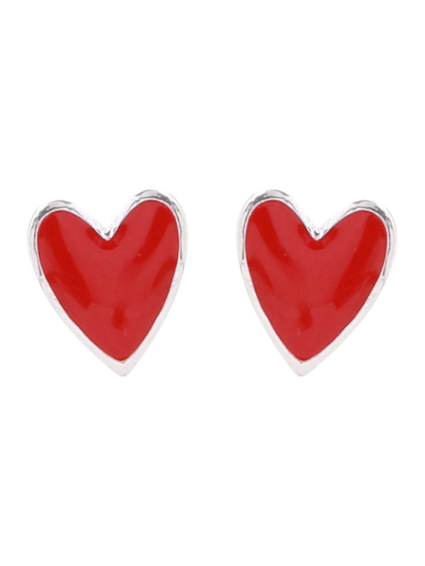 Red Heart-shaped Silver Stud Earrings - 1000012094