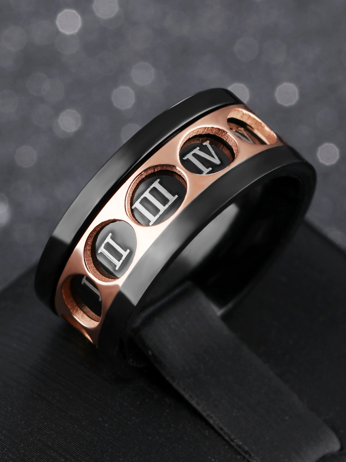 Personalized Roman Numerals Black Titanium Rotatable Ring - 1000017997