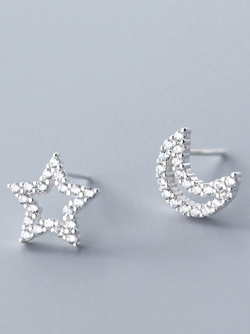925 Sterling Silver With Silver Plated Simplistic Asymmetric Stars Moon ...