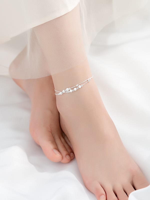 925 Sterling Silver Round beads double anklet - 1000269667