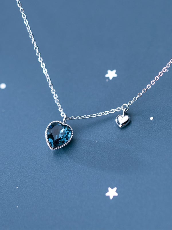 925 Sterling Silver Blue Swarovski Crystal Heart Shaped Pendant Necklace