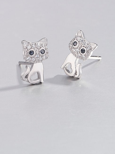 925 Sterling Silver Cubic Zirconia Cat Cute Stud Earring - 1000442801