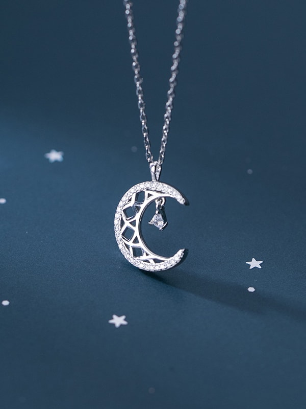 925 Sterling Silver Rhinestone Moon Minimalist Necklace - 1000285163