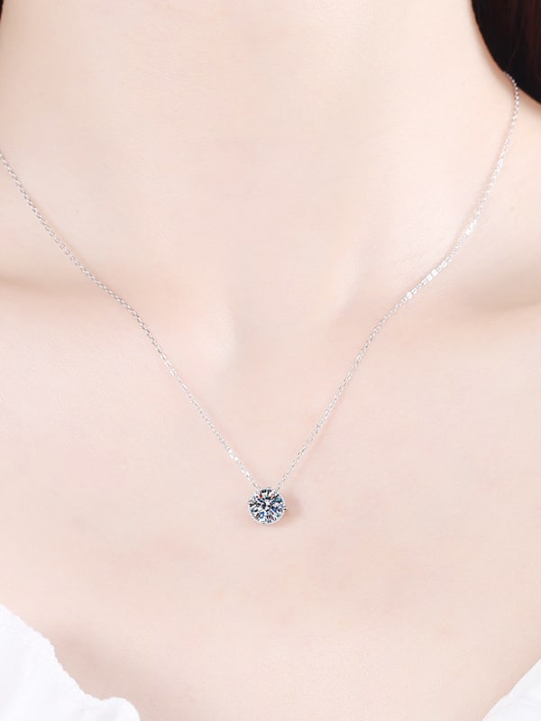 Sterling Silver Moissanite Round Dainty Necklace - 1000416307