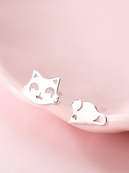 925 Sterling Silver Minimalist Cat mouse Asymmetry Stud Earring ...