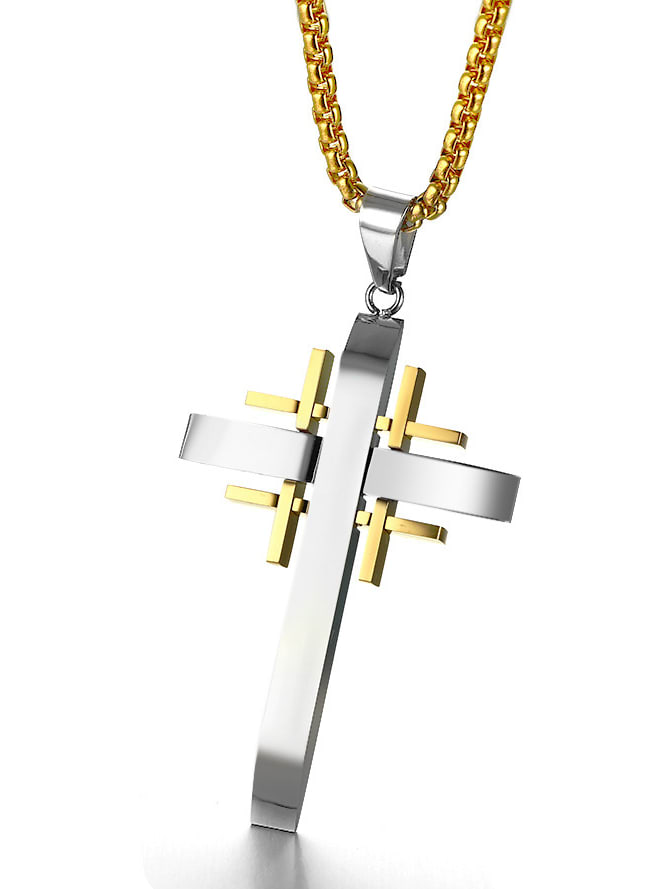 Titanium Steel Rhinestone Cross Vintage Regligious Necklace - 1000517941