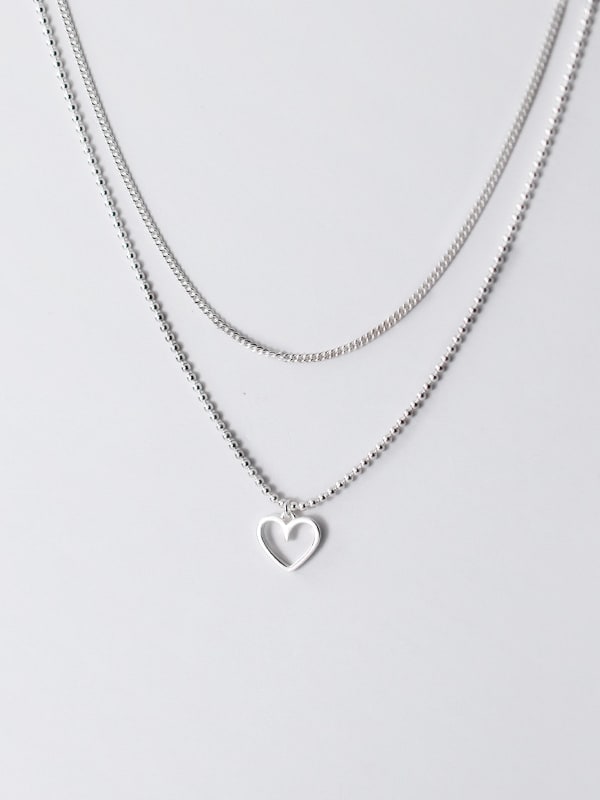 925 Sterling Silver Bead Chain Heart Minimalist Multi Strand Necklace ...