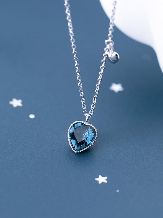 925 Sterling Silver Blue Swarovski Crystal Heart Shaped Pendant Necklace
