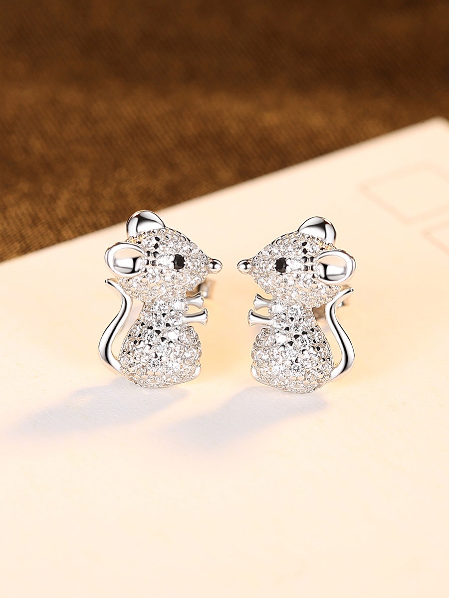 925 Sterling Silver Rhinestone Mouse Cute Stud Earring - 1000362396