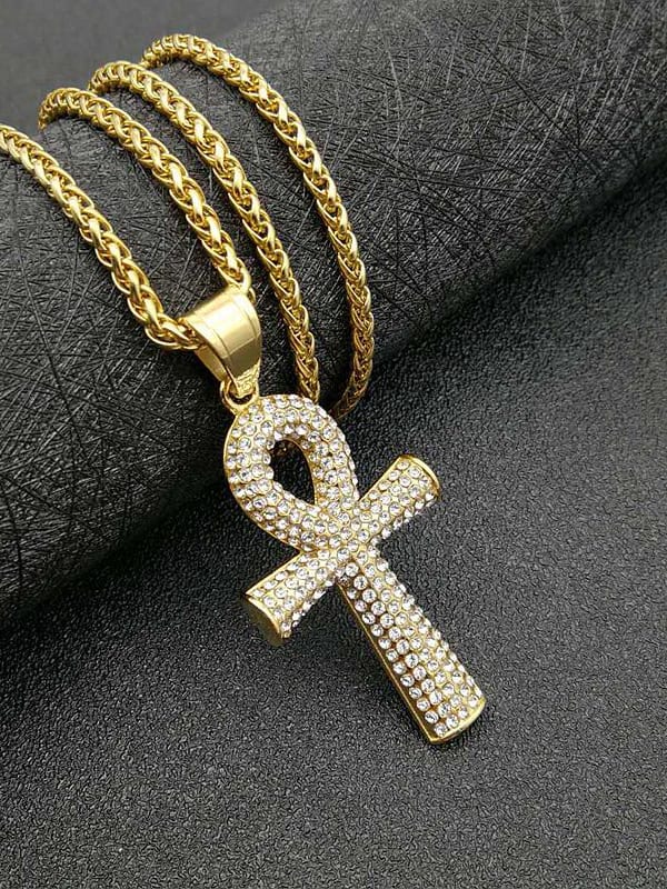 Mens Titanium Stainless Steel Cross Pendant Necklace Rock Rhinestone  Streetwear Sweater Chain Hip Hop Jewelry Cuban Link Chain